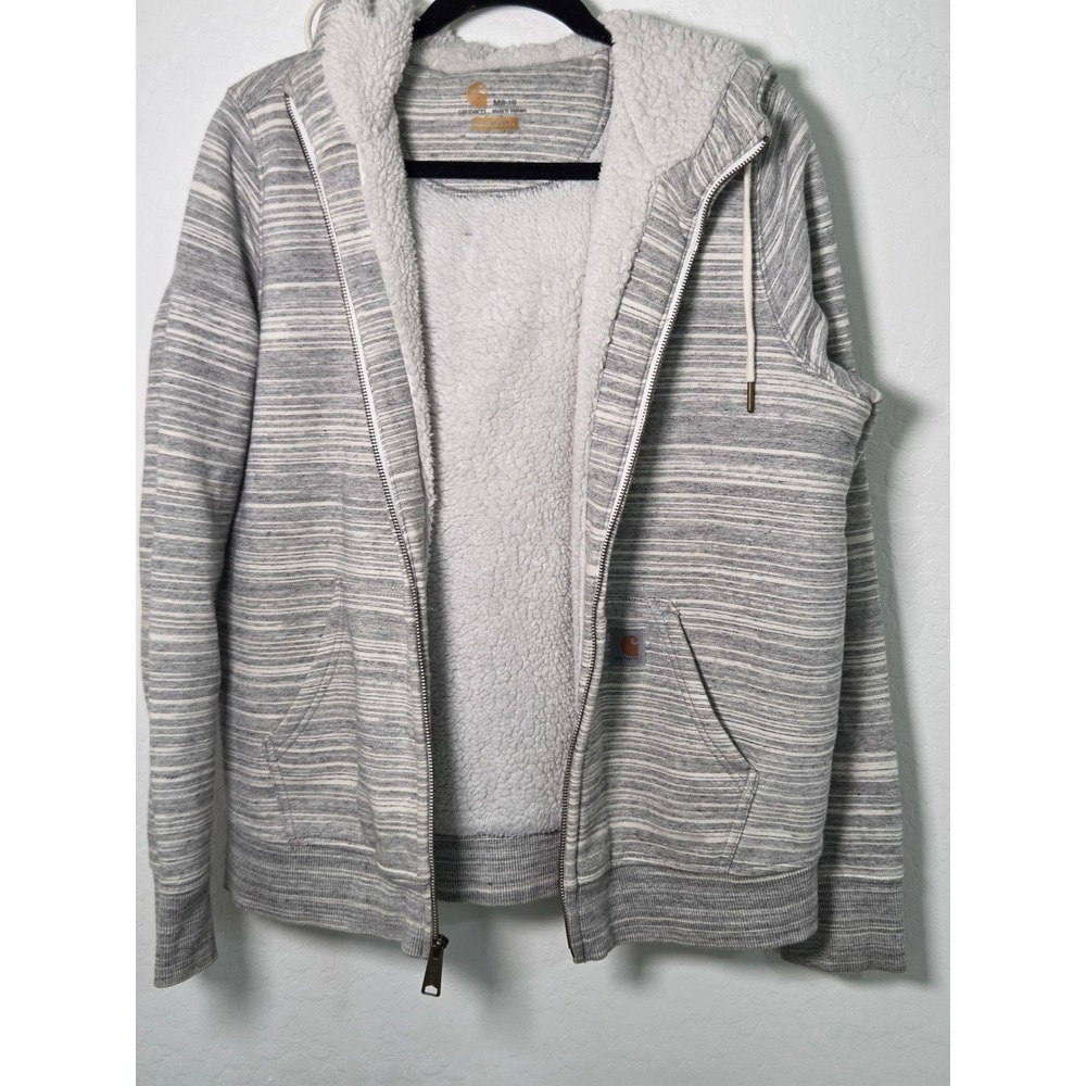 Carhartt Women Grey Striped Sherpa Lined Full Zip Hoodie Relaxed Fit Medium M